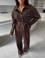 Women's Elegant Loungewear Set with Waist Belt and Practical Pockets