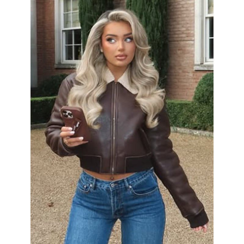 Women's Cropped Jacket with Faux Fur Collar