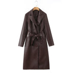 Women's Faux Leather Trench Coat with Waist Belt and Elegant Pocket Seams