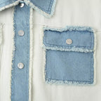 Women's Cropped Denim Jacket with Contrast Pockets and Frayed Hem