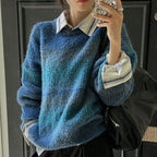 Women's Fluffy Sweater with Textured Gradient and Loose Fit