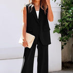 Women's Sleeveless Blazer Set with Wide-Leg Trousers