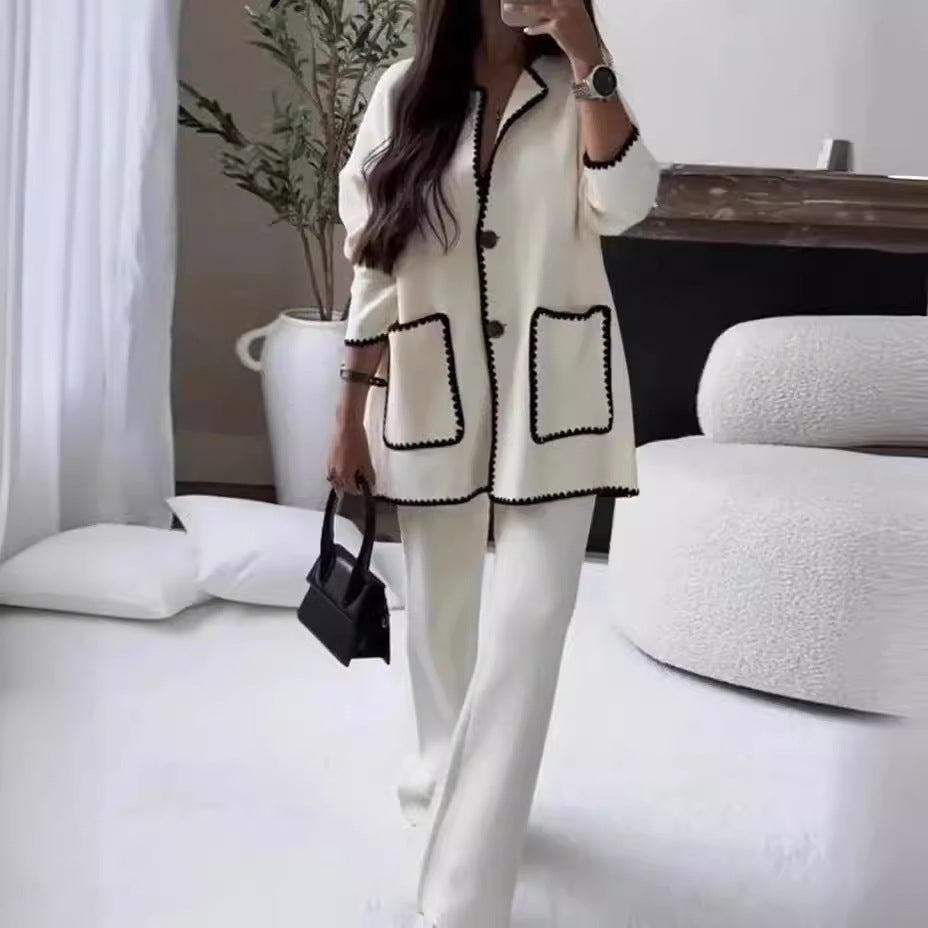 Women's Elegant Knit Blazer Set with Contrasting Details