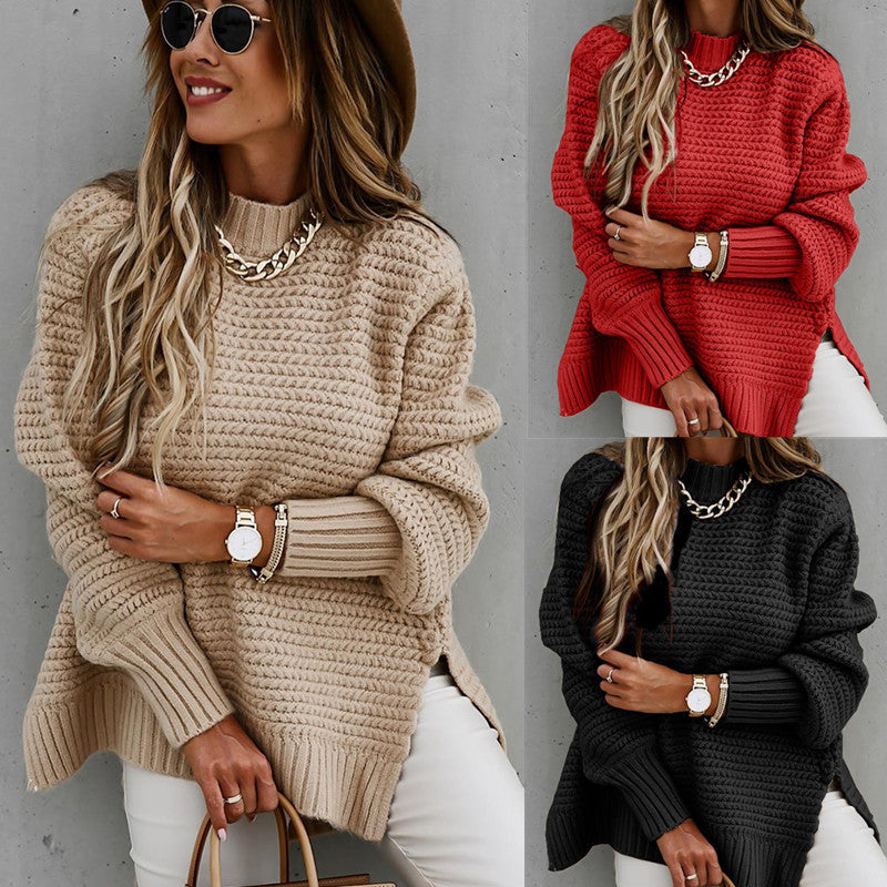 Women's Chunky Knit Sweater with Modern Structure Design and High Collar