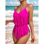 Women's Swimsuit with Fringed Sleeve Design and V-Neck
