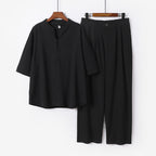 Men's Two-Piece Lightweight Leisure Set with Stand Collar and Elastic Waist Pants