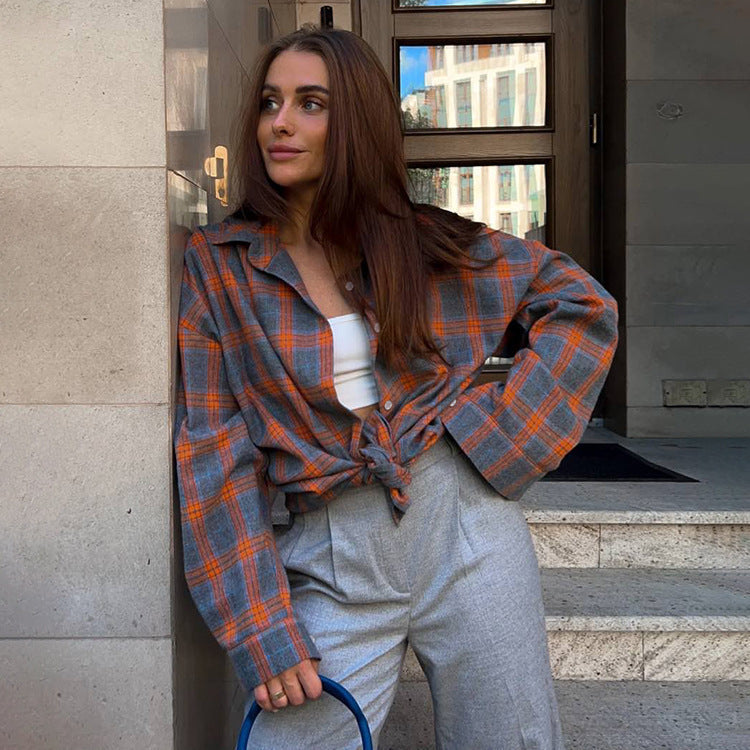 Women's Cozy Plaid Shirt with High Collar and Button Closure