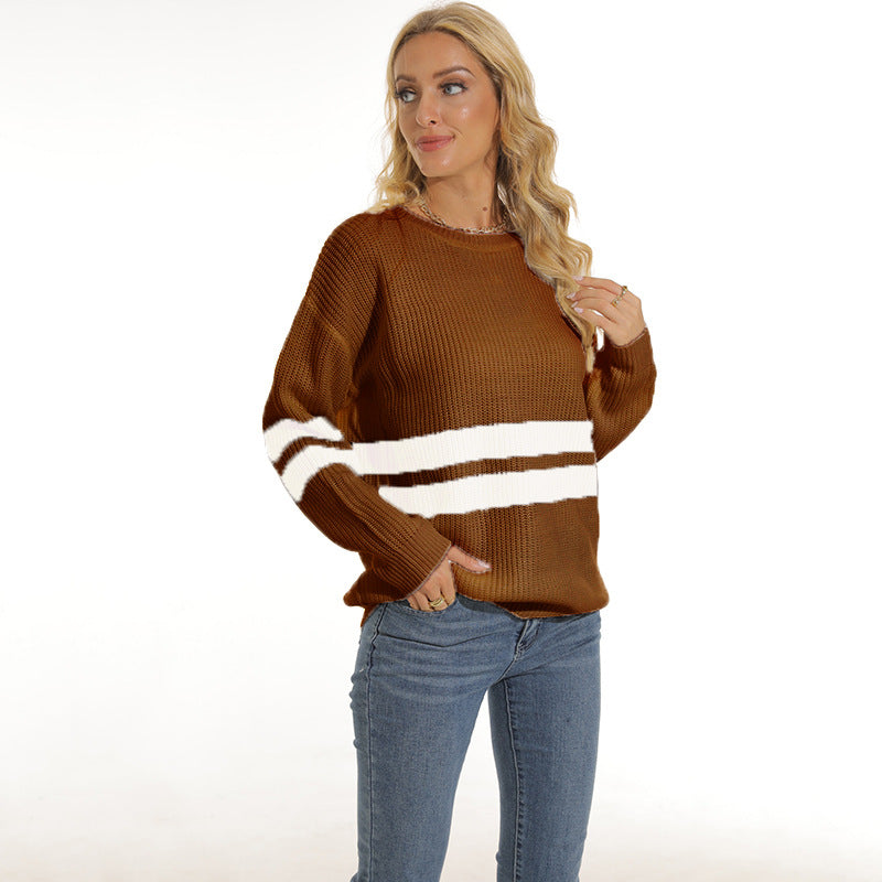 Women's Chunky Knit Sweater with Sporty Stripe Pattern and Loose Fit