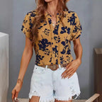 Casual Women's Floral Blouse with Short Button Placket