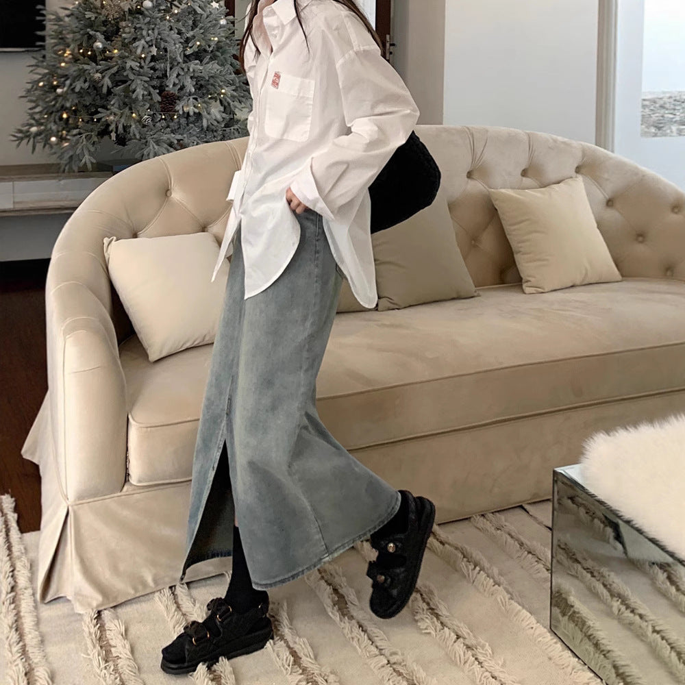 Women's Denim Maxi Skirt with Side Slit and Casual Cut