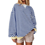 Women's Comfortable Striped Sweater with Raglan Sleeves and Elastic Cuffs