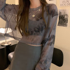 Women's Cropped Sweatshirt with Modern Tie-Dye Design, Wide Sleeves, and Crew Neck