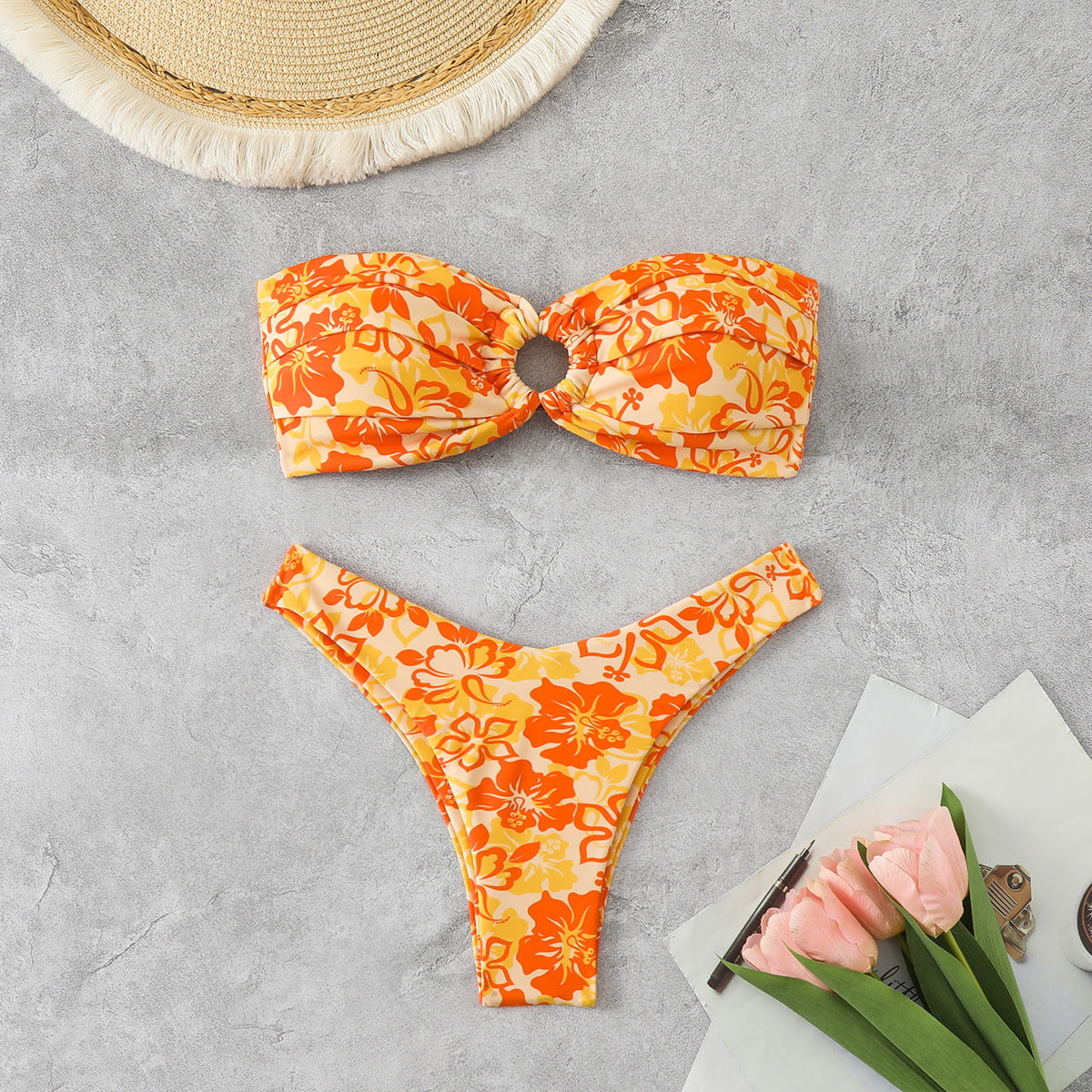 Women's Bandeau Bikini with Sophisticated Floral Pattern