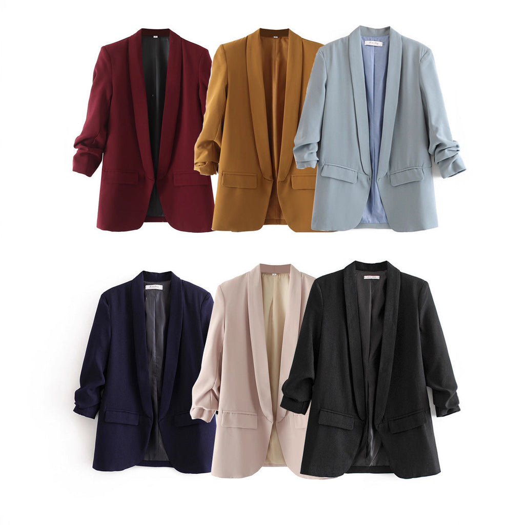 Elegant Women's Blazer with Rolled Sleeves and Pockets