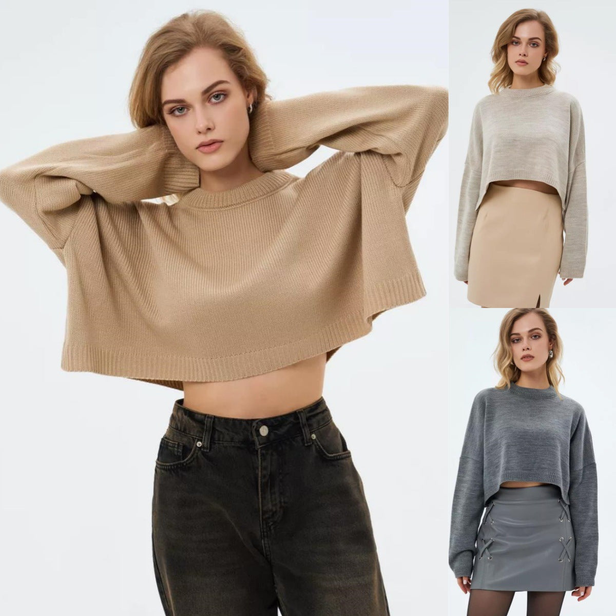 Women's Casual Oversized Crop Sweater with Wide Sleeves