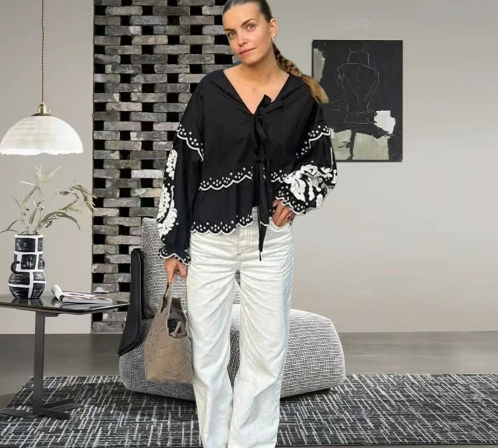 Blouse with Lace Detail and Relaxed Fit