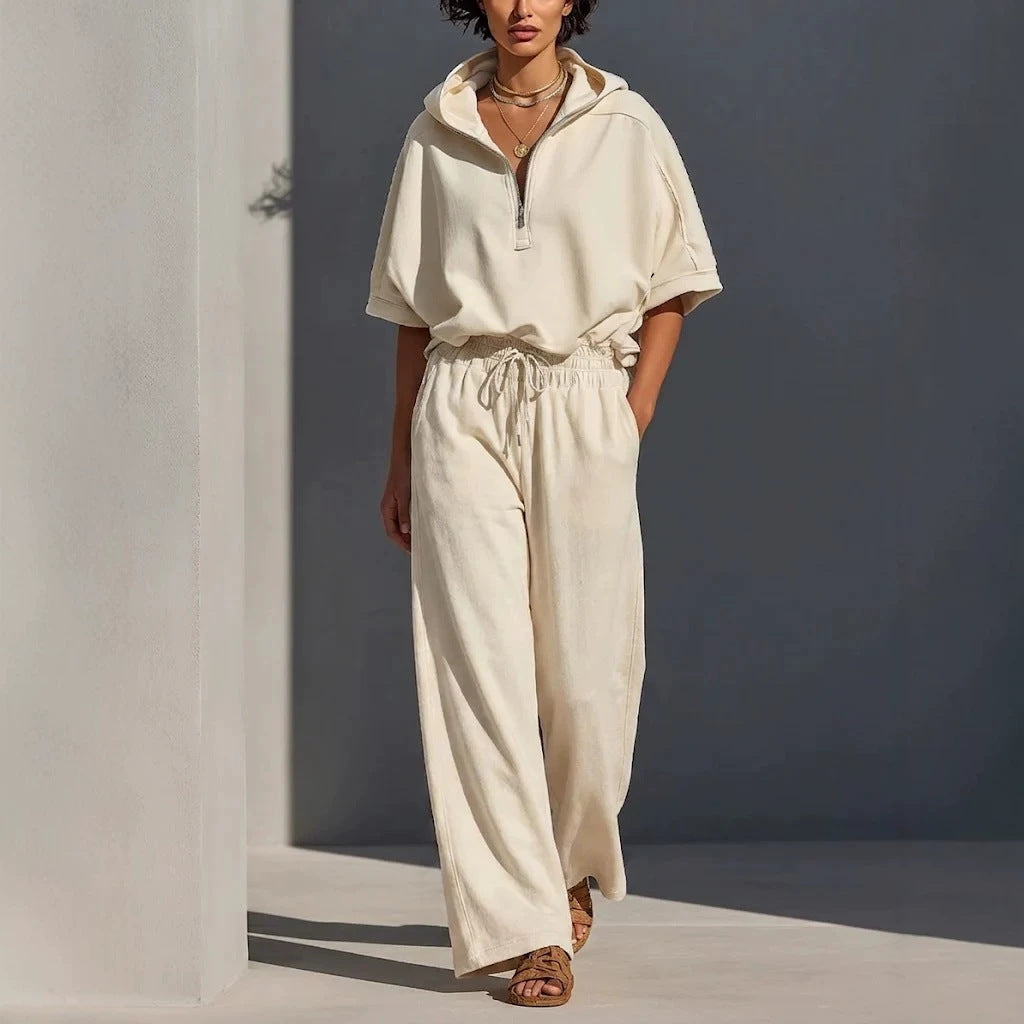 Women's Casual Lounge Set with Half-Zip Hoodie and Wide Palazzo Pants