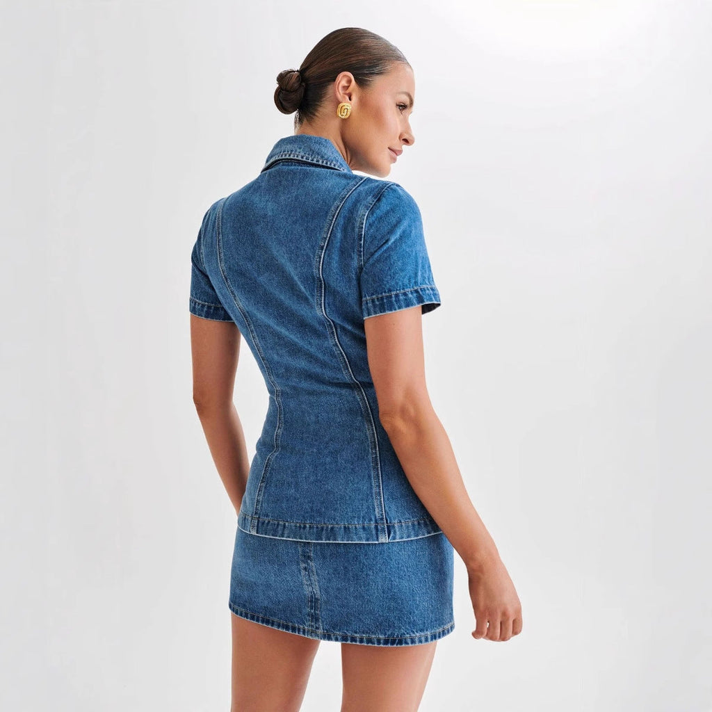 Women's Denim Shirt Dress with Tailored Fit and Short Sleeves