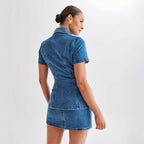 Women's Denim Shirt Dress with Tailored Fit and Short Sleeves