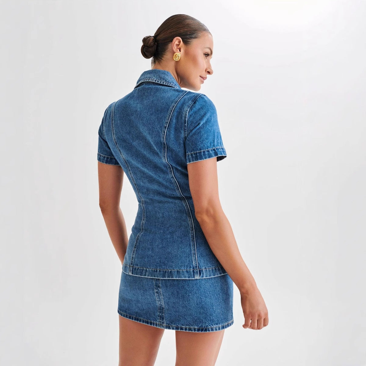 Women's Denim Shirt Dress with Tailored Fit and Short Sleeves