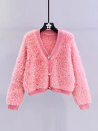 Women's Fluffy Cropped Cardigan with Subtle Button Details