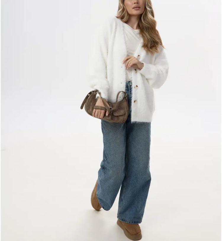 Women's Fluffy Cardigan with Pearl Buttons and Loose Fit