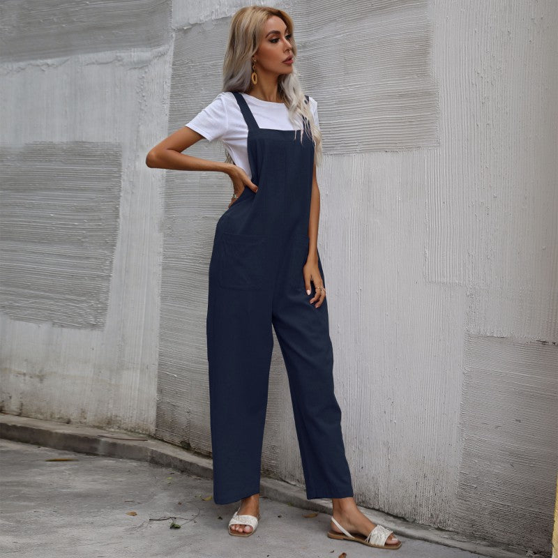 Women's Casual Jumpsuit with Pockets and Adjustable Straps