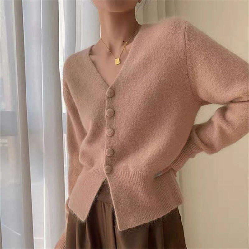 Women's Fluffy Cardigan with V-Neck and Decorative Buttons