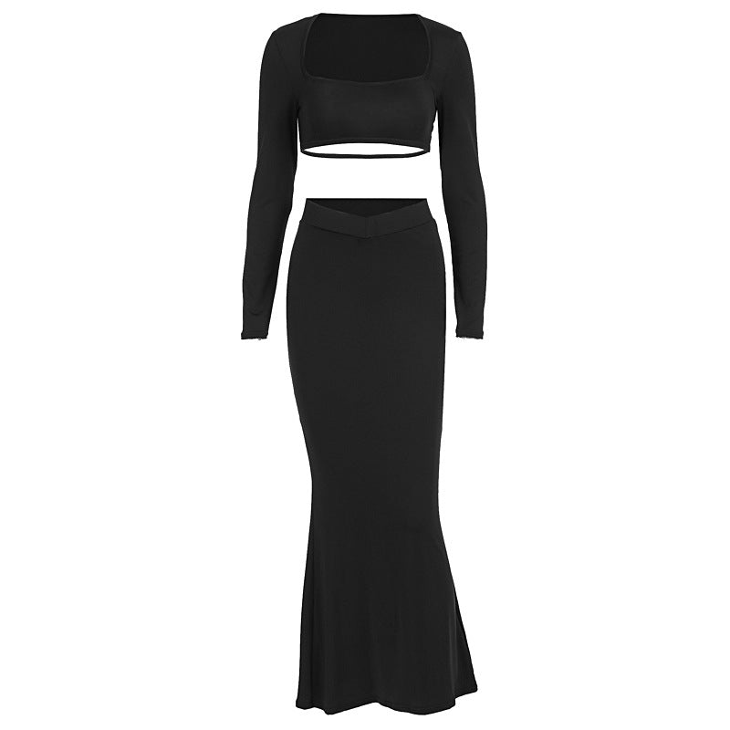 Elegant Crop Top and Maxi Skirt Set with Sheer Detail