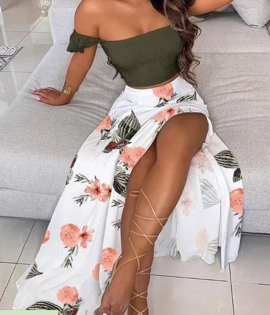 Women's Maxi Skirt with Floral Design and High Slit