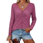 Women's Long-Sleeve Blouse with V-Neck and Button Details
