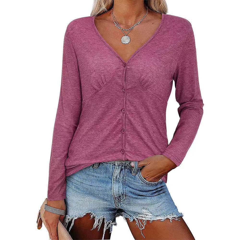Women's Long-Sleeve Blouse with V-Neck and Button Details