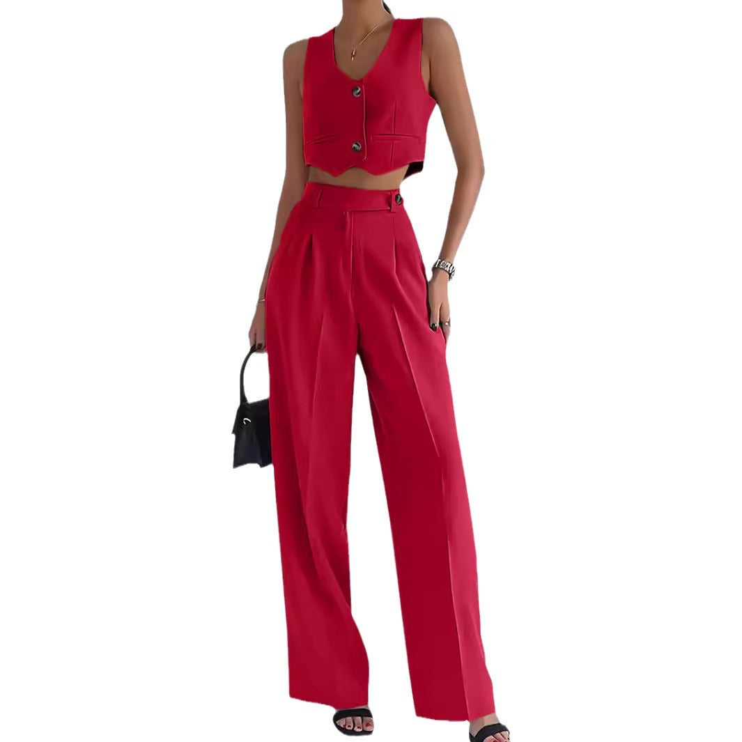Women's Fashionable Two-Piece Set with Sleeveless Cropped Top and Wide-Leg Trousers
