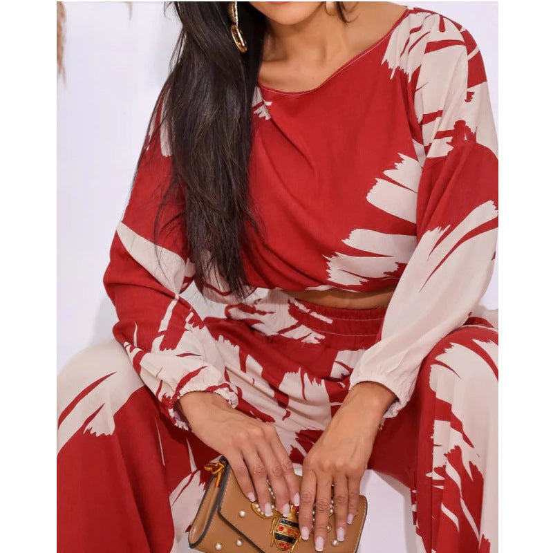 Casual Two-Piece Set with Wide-Leg Pants and Cropped Top