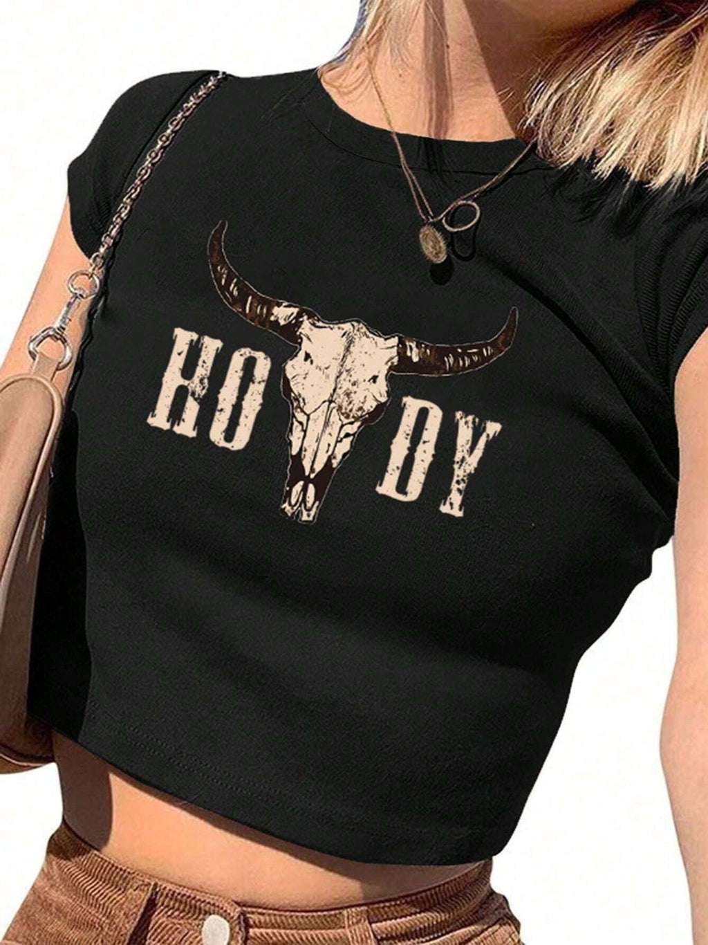 Women's Crop T-Shirt with Creative Cow Skull Design