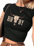 Women's Crop T-Shirt with Creative Cow Skull Design