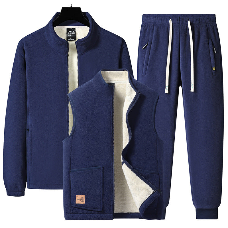 Men's three-piece fleece set with padded vest, stand-up collar jacket, and joggers