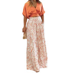 Women's Airy Cropped Top with Elegant Round Neckline and Matching Wide-Leg Trousers