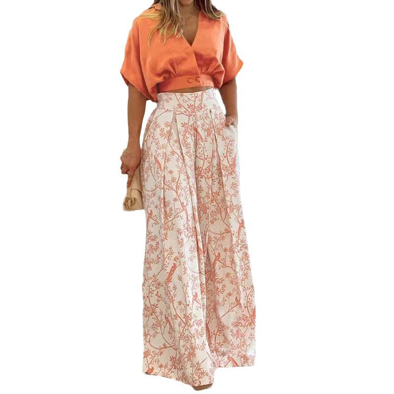 Women's Airy Cropped Top with Elegant Round Neckline and Matching Wide-Leg Trousers