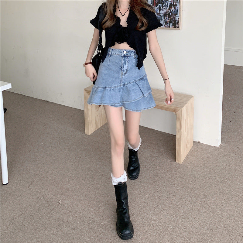 Women's Denim Skirt with Voluminous Ruffled Hem and Button Waist