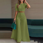 Elegant Short Puff-Sleeve Top and High-Waisted Palazzo Pants Set