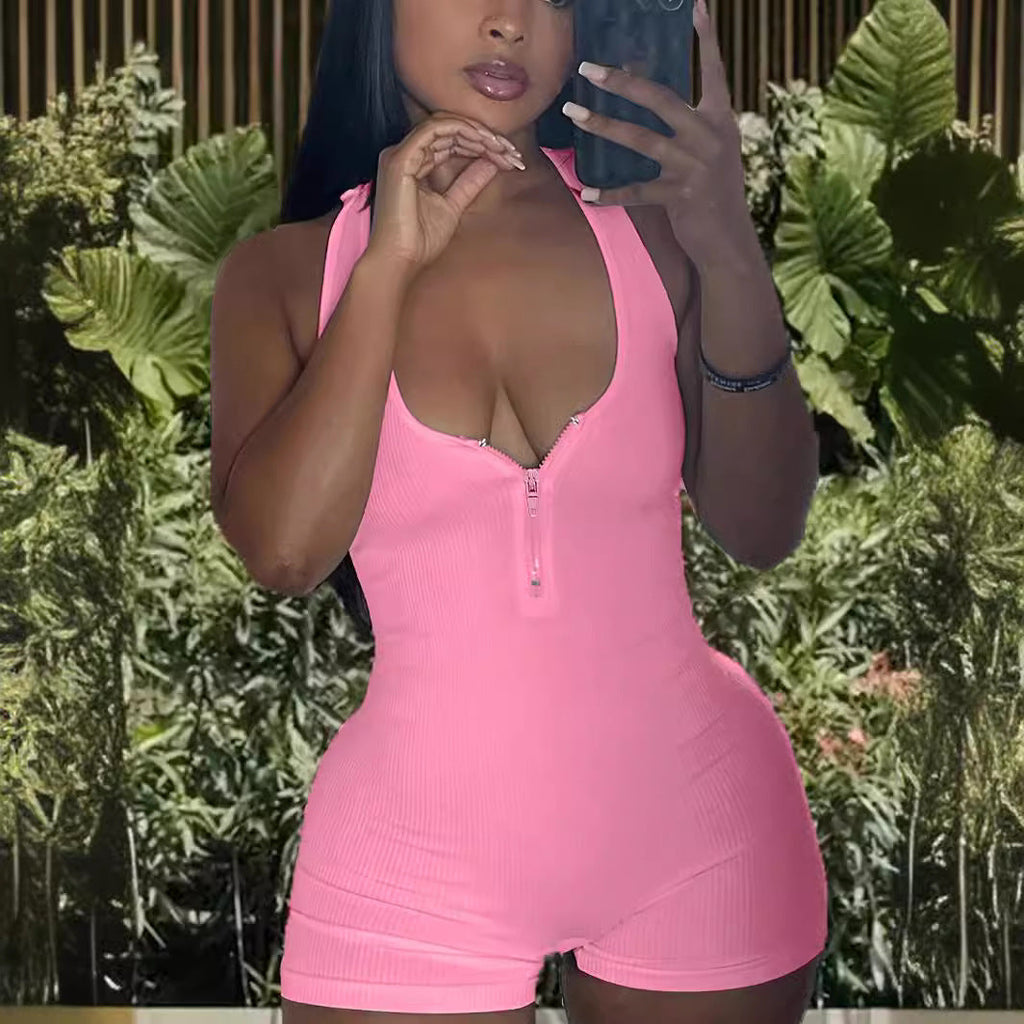Women's Jumpsuit with Deep V-Neck and Zipper