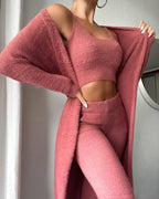 Women's Cozy Fine Fleece Lounge Set with Open Cardigan and Crop Top