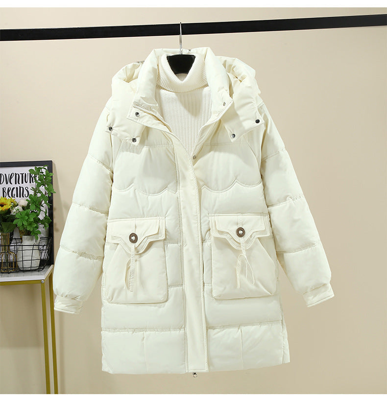 Women's Long Puffer Jacket with Practical Hooded Collar and Large Pockets