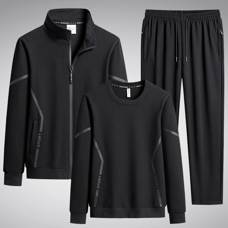 Men's Three-Piece Performance Training Set with Stand Collar Zip Jacket, Round Neck Sweater & Tapered Jogging Pants