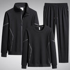 Men's Three-Piece Performance Training Set with Stand Collar Zip Jacket, Round Neck Sweater & Tapered Jogging Pants