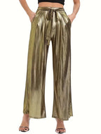 Women's Elegant Pleated Trousers with High-Gloss Finish