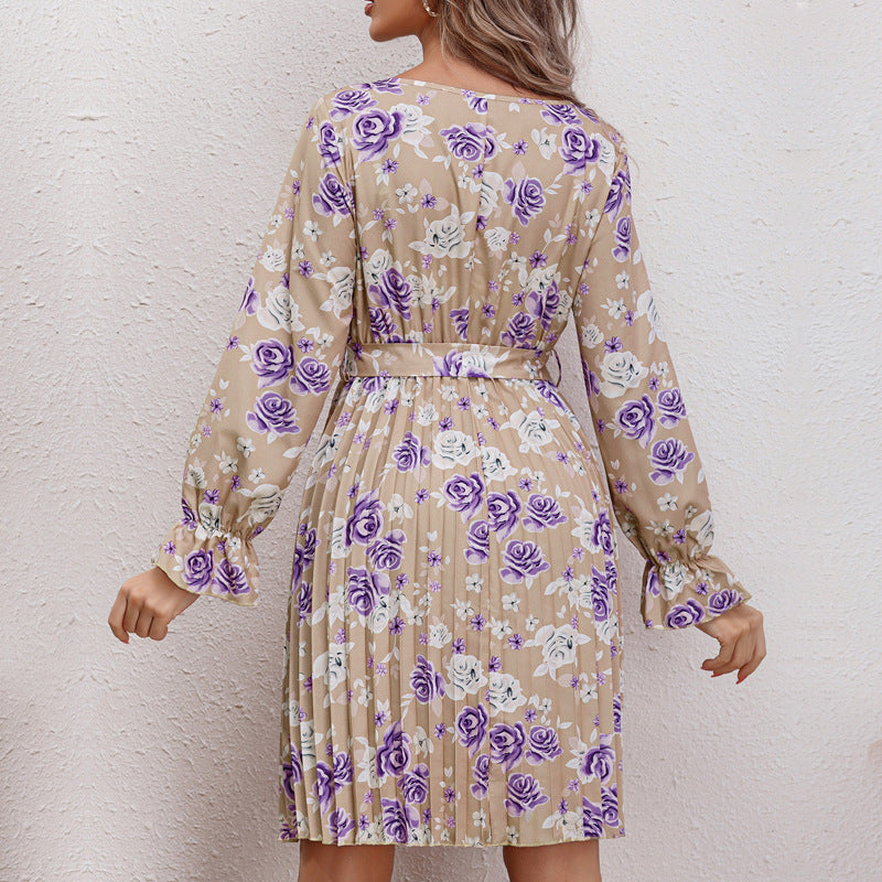 Women's Blouse Dress with Floral Ruffle Details and Waist Belt
