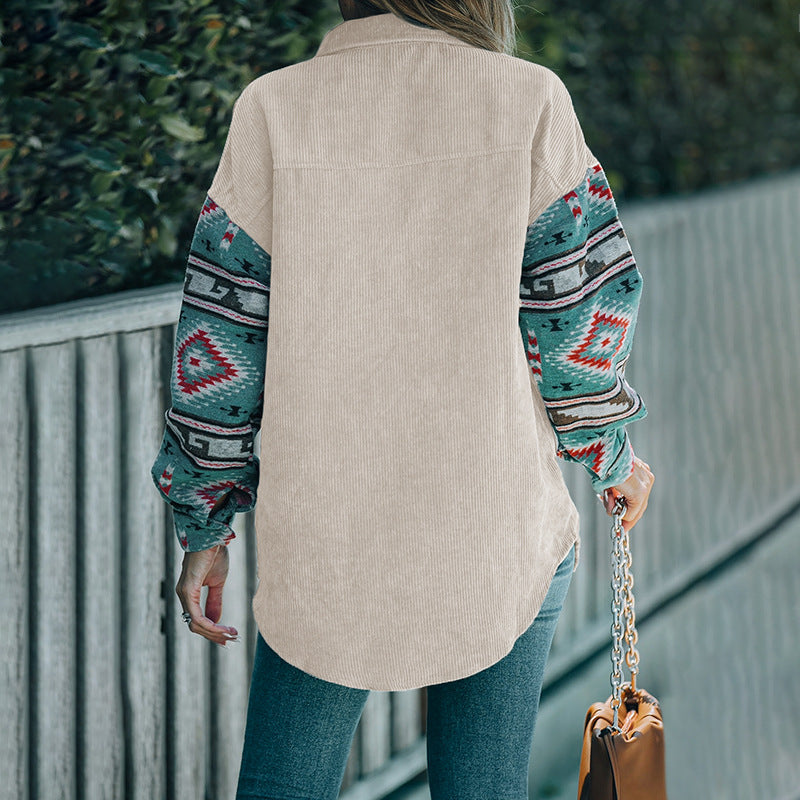 Women's Corduroy Jacket with Decorative Ethnic Pattern