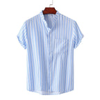 Women's Short-Sleeve Shirt with Casual Stand-Up Collar and Fine Stripe Pattern